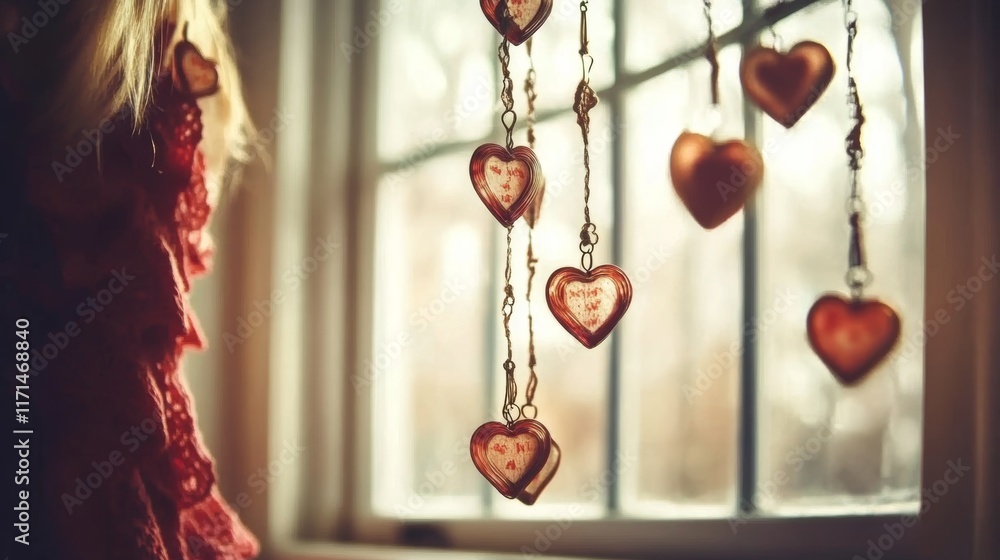 Poster Garland of hearts elegantly hanging in soft daylight near a window, creating a warm and inviting atmosphere perfect for adding custom text