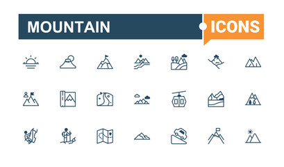 Mountain Beauty linear icon collection. Contains related to camp, high, top, hill, expedition and more. Isolated icons design. Vector outline and solid icons collection.