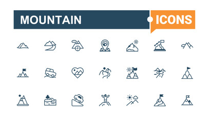Mountain Beauty linear icon collection. Contains related to camp, high, top, hill, expedition and more. Isolated icons design. Vector outline and solid icons collection.