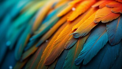 Fototapeta premium Stunning close-up of vibrant bird feathers in a beautiful gradient of blue, green, and orange hues 