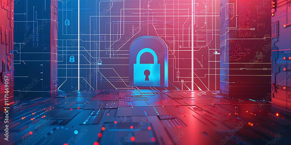 Poster cyber security concept with glowing padlock in digital network.