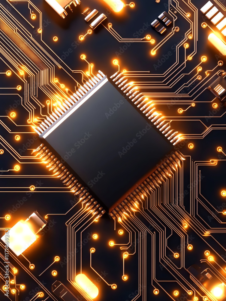Poster close-up of a microchip on a circuit board with glowing connections, showcasing advanced electronic 