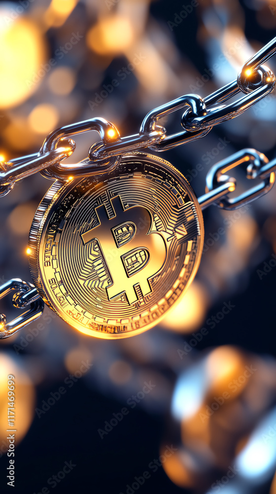 Poster close-up of a shining bitcoin on a chain with blurred lights in the background, symbolizing cryptocu