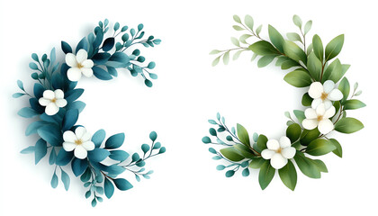 Elegant floral arrangements with green leaves and white flowers on a white isolated background.