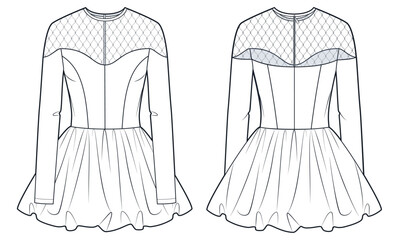 Obraz premium Dress with Mesh Trim technical fashion illustration. Balloon mini Dress fashion flat technical drawing template, transparent, beads mesh, zipper, slim fit, front, back view, white, women CAD mockup.