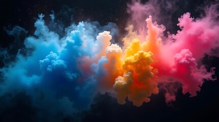 Colorful smoke explosions, vibrant blue pink and yellow pigments, dark background, high-speed photography,