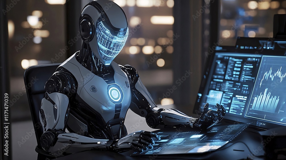 Aufkleber futuristic robot working on computer in modern office.