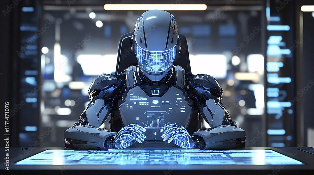 Poster futuristic robot working at a digital desk in a high-tech environment.