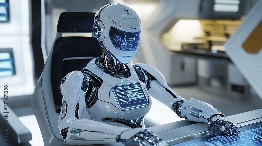 Poster futuristic robot working at a digital console in a modern office.