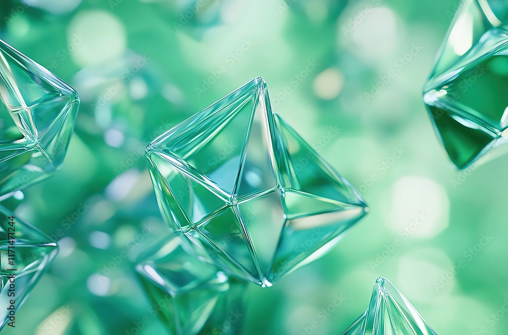 Poster abstract teal crystal shapes floating in a green bokeh background.