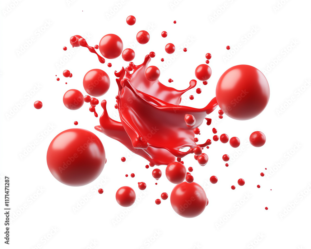Poster dynamic splash of red paint with droplets and spheres, isolated on white background.