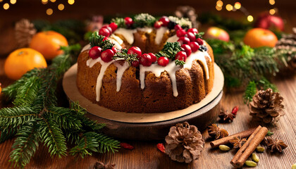 Fototapeta premium Tasty fruitcake with glazed fruits and berries. Sweet food. Festive Christmas dessert. Baked treat.
