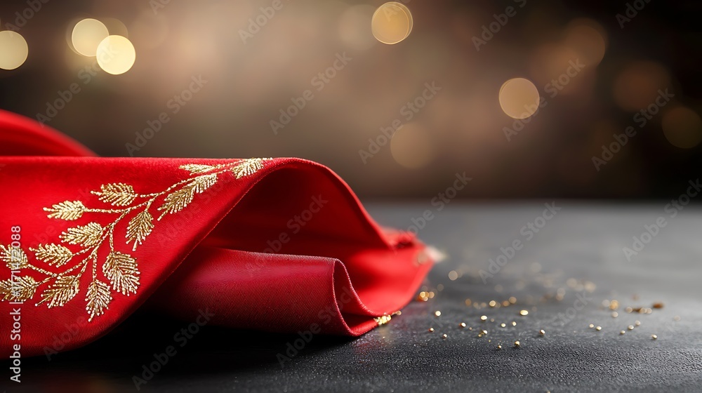 Poster luxurious red tablecloth with gleaming golden embroidery and intricate ornate patterns against a fes