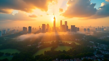 Fototapeta premium Cityscape illuminated by golden sunlight, casting radiant beams over the skyline and urban greenery