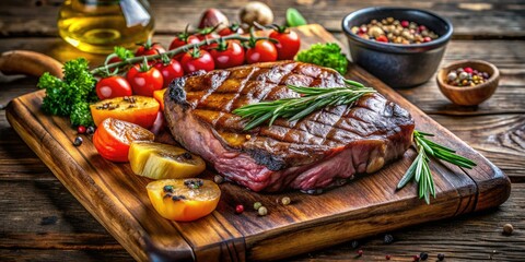 Fototapeta premium Savor juicy ribeye, perfectly grilled, alongside vibrant roasted vegetables, elegantly served on an olive wood board.