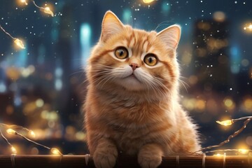 Portrait of a happy munchkin cat over background of bright city lights