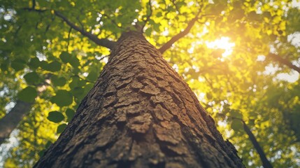 Fototapeta premium Low angle view of a large tree trunk in a sunlit forest.
