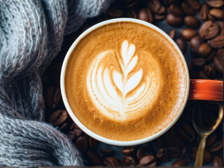 A close-up of a cappuccino cup with delicate latte art, scattered coffee beans, and a cozy scarf in warm tones. Generative AI