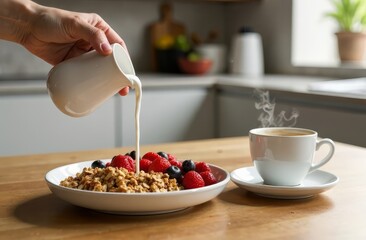A woman's hand pours fresh milk into a healthy breakfast with granola and berries, and there is a cup of coffee on the kitchen table next to it. The concept of a healthy breakfast