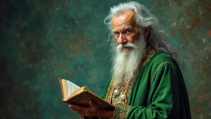 Fototapeta premium Man with a beard and white hair is reading a book