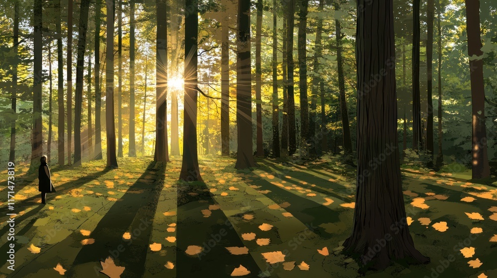 Poster sunlight filters through trees in a tranquil forest showcasing vibrant autumn colors at sunset. gene