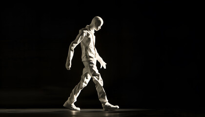 Artist person posing doll in walking gesture on black background, lit from the side to provide shape