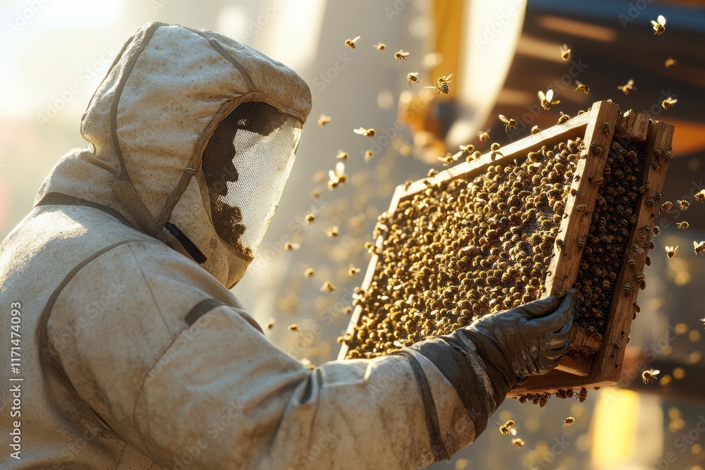 Poster beekeeper tending to a hive while handling frames filled with bees in a sunny outdoor setting. gener