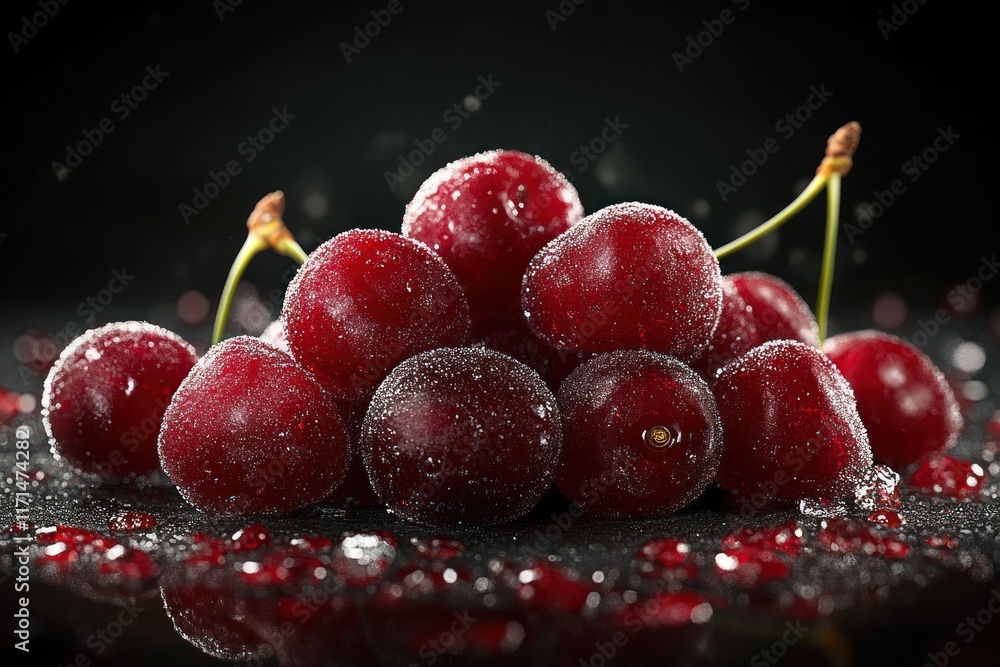 Poster red cherries glisten with sugar on a dark surface, creating a vibrant visual contrast with droplets.