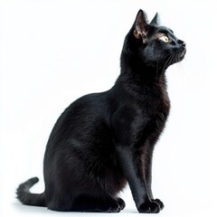 Obraz premium Black Cat Sitting Elegantly on White Background - Graceful Studio Portrait with Shiny Fur and Vibrant Eyes Symbolizing Mystery and Poise