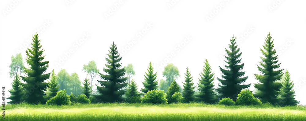 Poster a scenic view of lush green trees and grass, creating a tranquil nature backdrop.