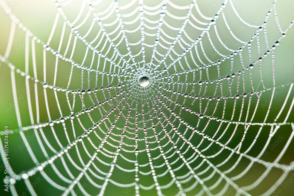 Poster delicate spider web adorned with droplets in a lush green environment at dawn. generative ai