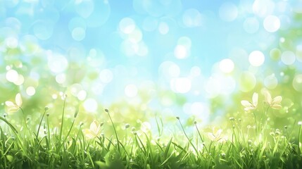 Fototapeta premium Sunny Spring Meadow with Vibrant Wildflowers and Green Grass - Idyllic Countryside Landscape Radiating Tranquility and Natural Beauty