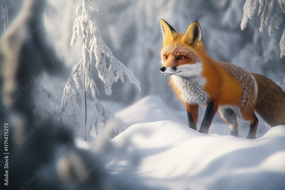Poster fox exploring a snow-covered forest in winter, surrounded by frosted trees and tranquility. generati