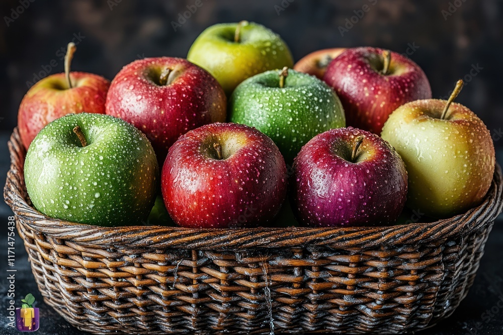 Poster fresh and vibrant apples in a rustic basket with droplets highlighting their freshness. generative a