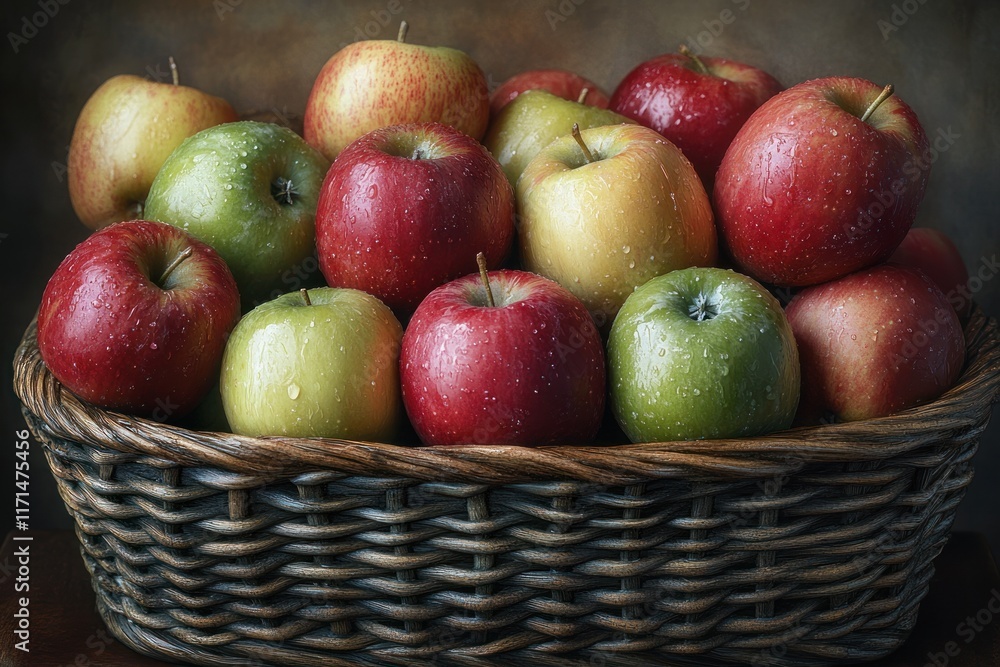 Poster freshly picked apples displayed in a rustic basket with water droplets on a wooden surface. generati