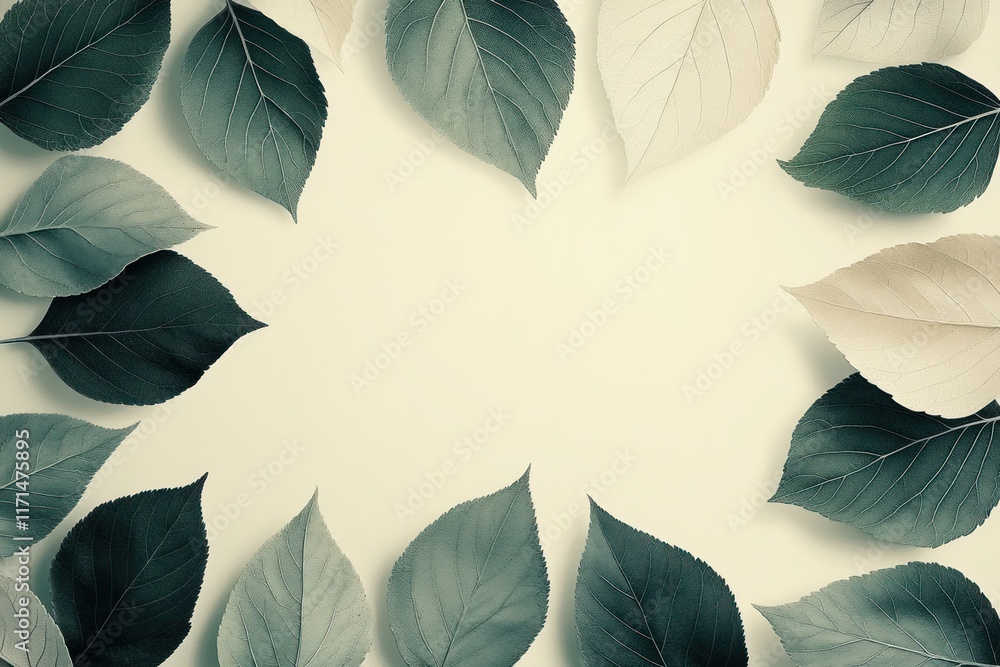 Aufkleber leaves arranged in a circular pattern on a light background showcasing various shades of green and b