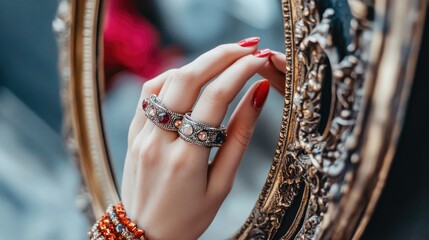 Elegant Hand with Vintage Rings Adorning Antique Mirror Frame