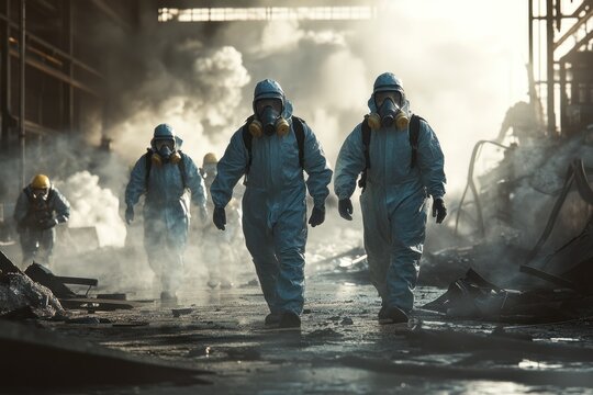 Workers in protective suits navigate through a smoky industrial site during a hazmat operation. Generative AI