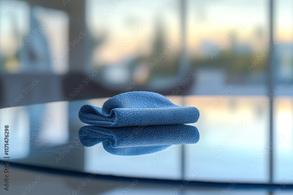 Poster soft blue cloth resting on a glass table with a blurred background during golden hour light. generat