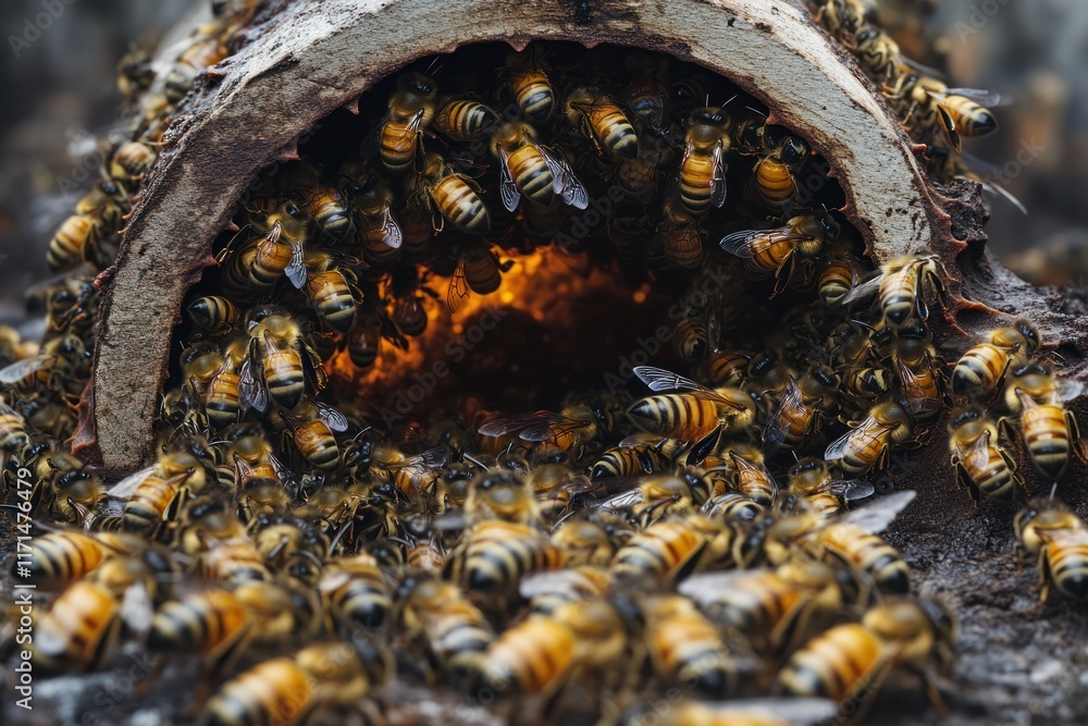 Poster bees swarm around a hollow log during sunset in a forest environment. generative ai