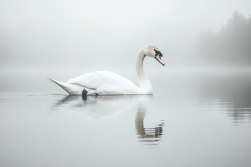 Obraz premium Swan gliding gracefully across a serene, misty lake at dawn with tranquil reflections. Generative AI