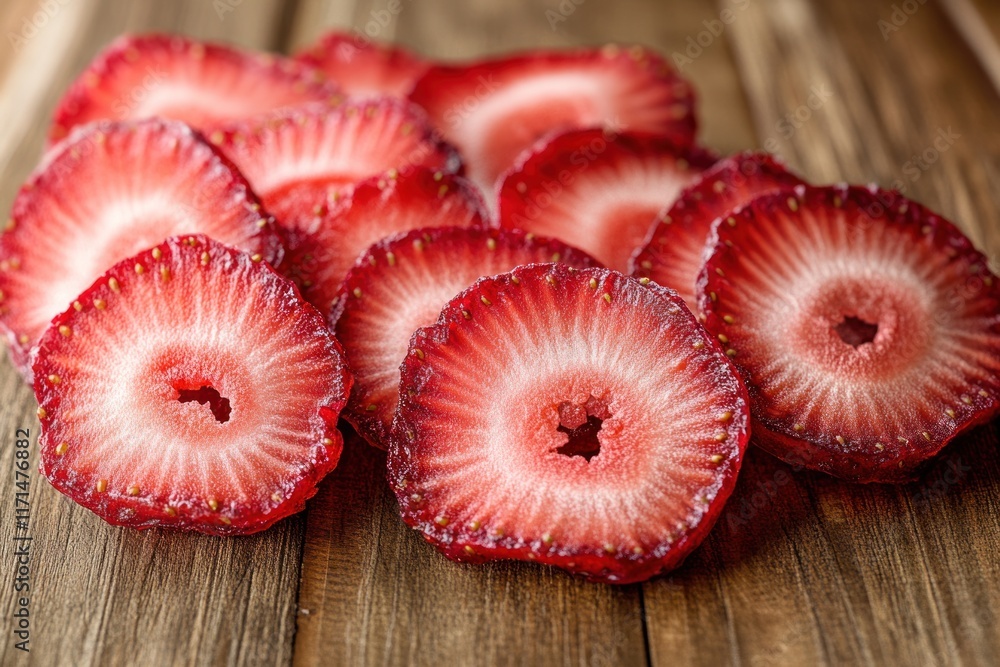 Poster slices of fresh strawberries arranged on a wooden surface create a vibrant and appetizing display. g