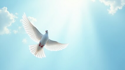 Obraz premium Dove soaring in a serene blue sky, a symbol of peace and freedom