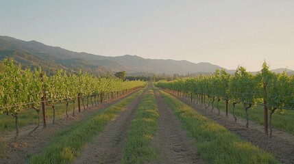Naklejka premium Golden Hour Glow in Vineyards: Serene Landscape of Newly Planted Vines with Sunlit Trellises and Rolling Hills in Background - Cinematic Scene