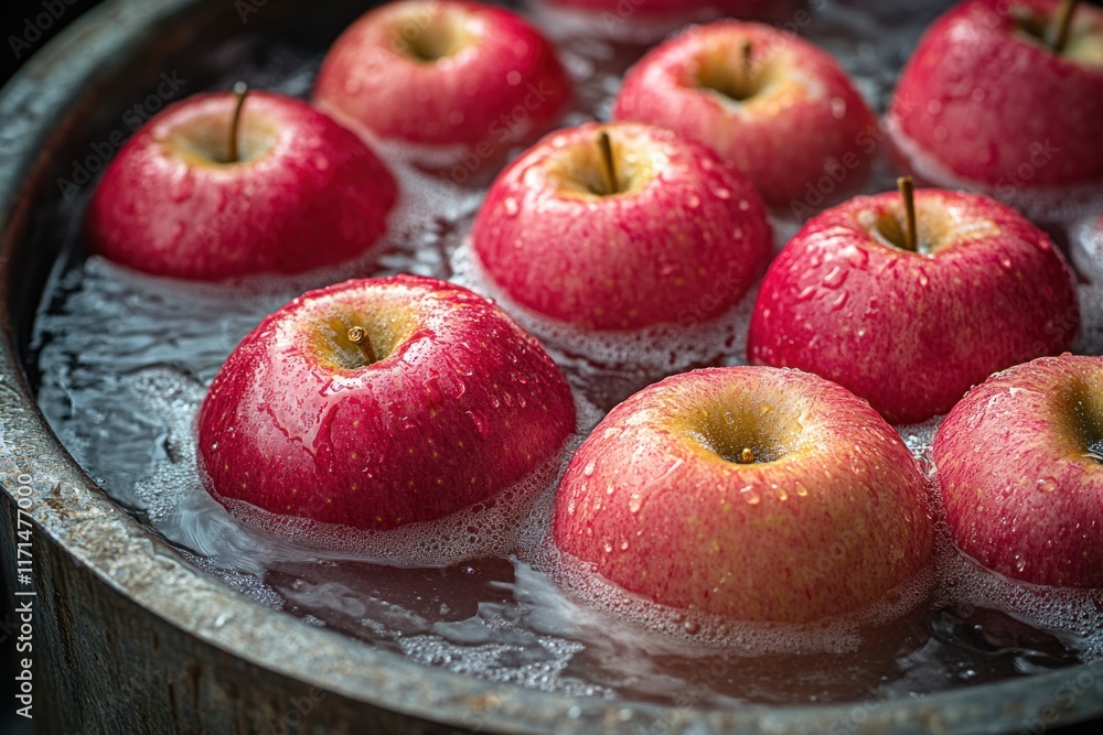 Poster Fresh red apples soaking in water with bubbles in a wooden bowl on a rustic table. Generative AI