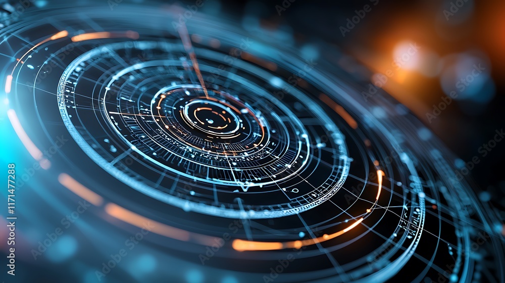 Poster futuristic digital visualization of a zodiac map with glowing holographic lines and a high tech radi