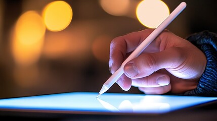 Close-up of Hand Using Stylus on Tablet with Blurred Lights in Background