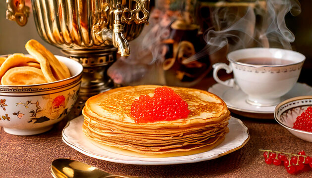 Stack of pancakes, red caviar, bagels, bagels, wooden spoon, eggs and butter.