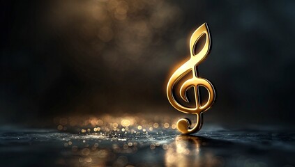 A golden treble clef gleams on a dark, glistening surface, illuminated by warm, ambient light.  A symbol of music and elegance.