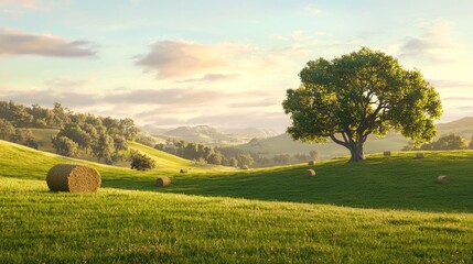 Fototapeta premium Tranquil Morning on the Farm: Sunrise Over Rolling Hills with Hay Bales and Oak Tree - Ultra-Detailed Cinematic Image